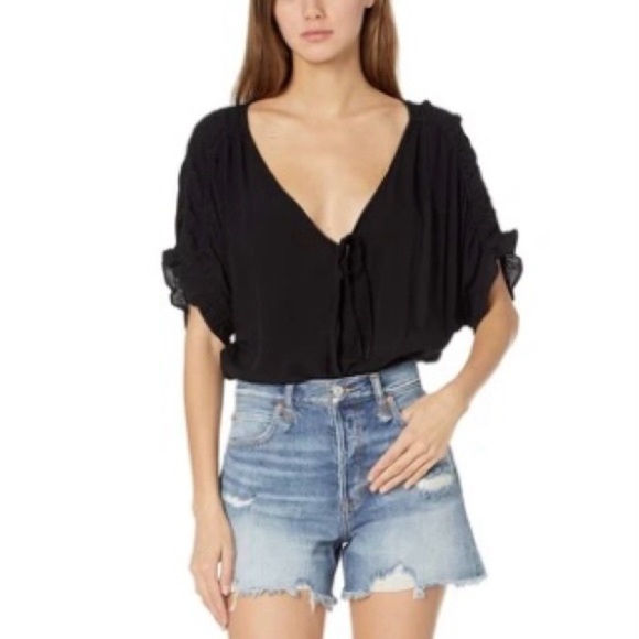 NWT .. Free People Black Tie Front Ruched Bodysuit - Picture 2 of 16